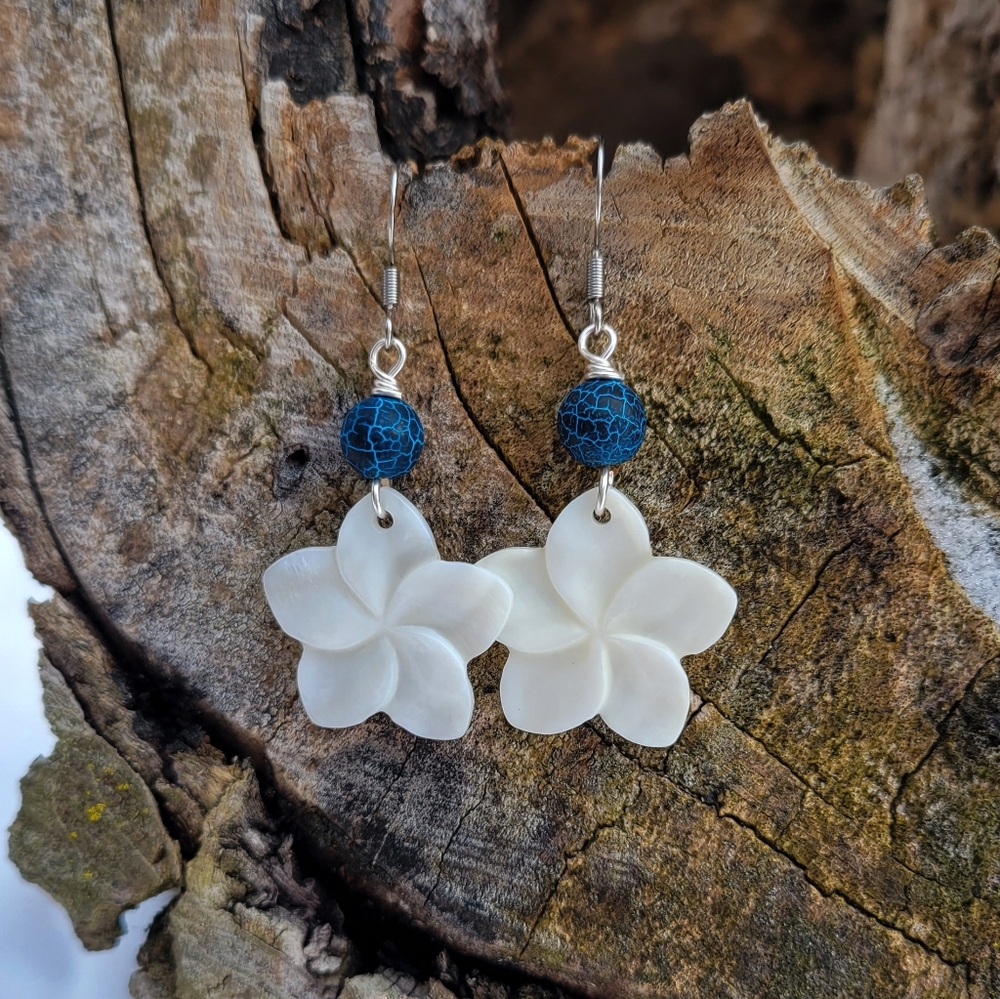 Beachy Summer Plumeria Flower Shell Earrings